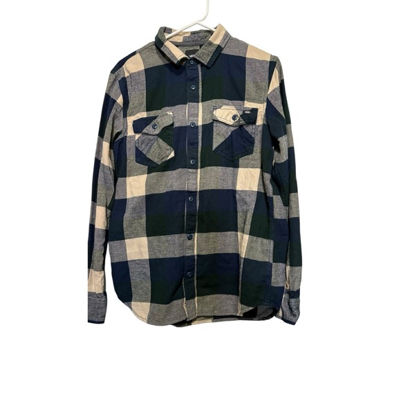 Vans Other - Vans Plaid Flannel Shirt Men's Medium Slim Fit Blue Tan Long Sleeve Button Up